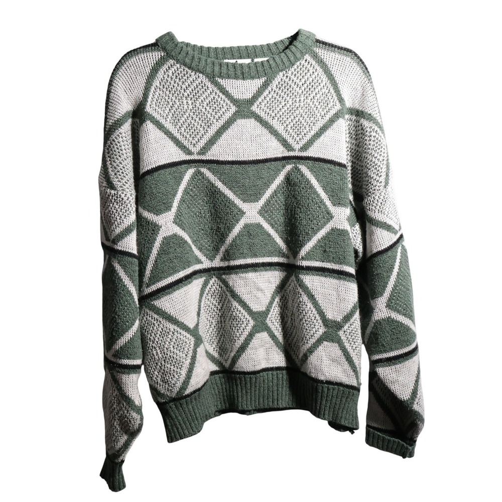 Kiyo Mens Vintage 90s Geometric Knit Sweater Green White Large Retro VTG Cozy